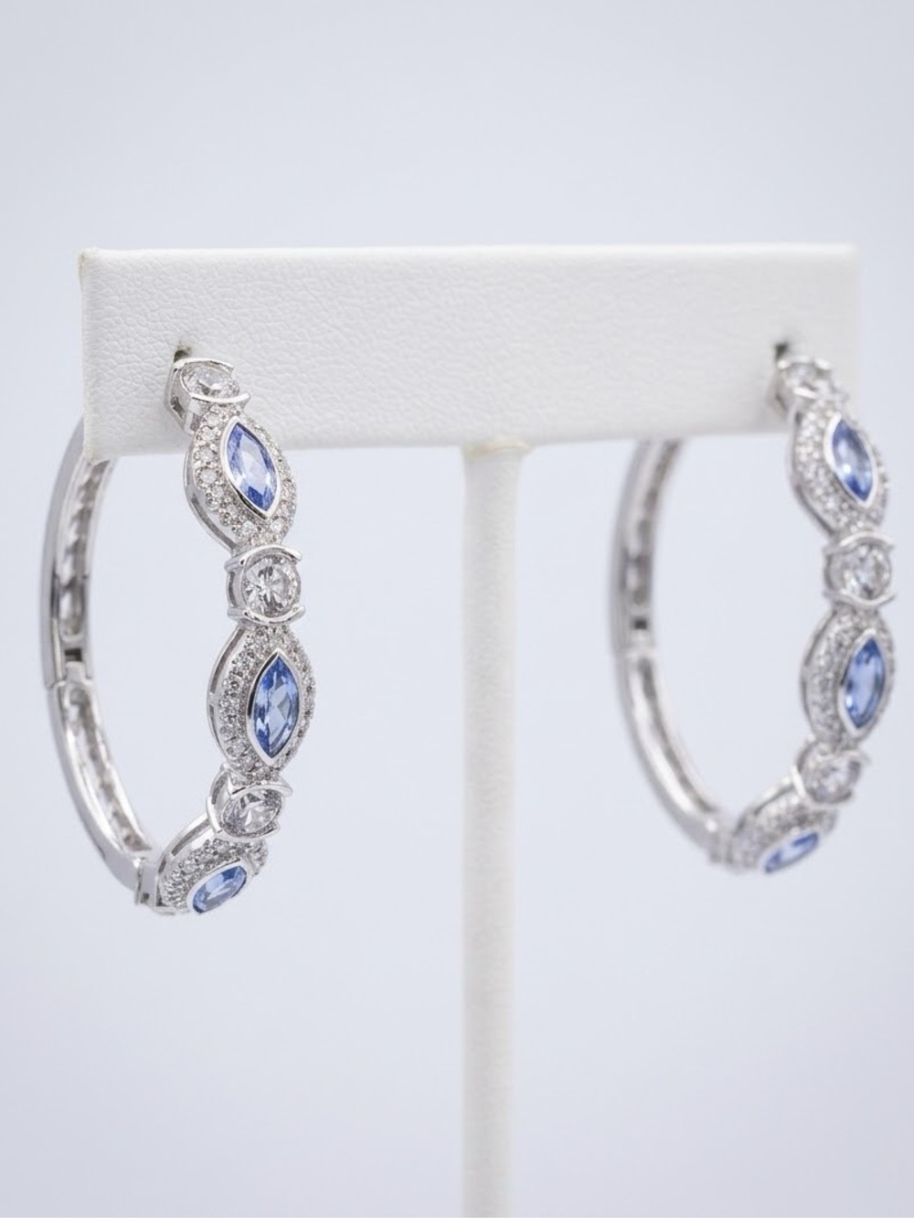Oro Laminado White Gold Plated Marquis Blue & Clear CZ Hoop Earrings nip